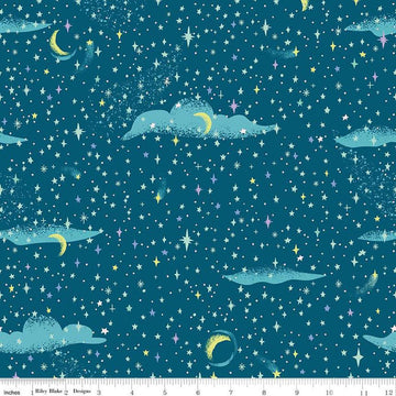 Image of the Forever Neverland Pixie Dust Night quilting cotton fabric by Jill Howarth for Riley Blake Designs. Features a sky on a blue background. Cute Little Fabric Shop