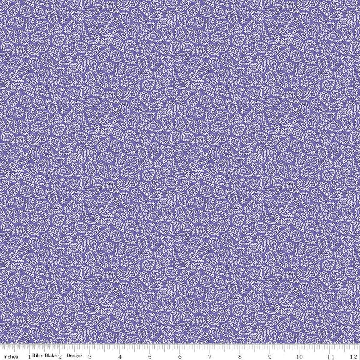 Image of the Vibrance Paisley Periwinkle quilting cotton fabric by Leslie Ryan for Riley Blake Designs. Features flowers on a purple background. Cute Little Fabric Shop