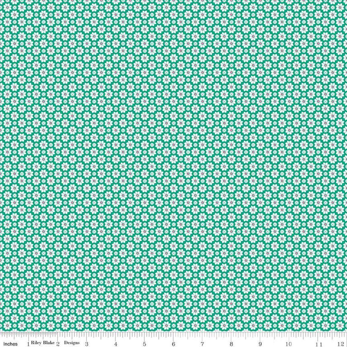 Image of the Vibrance Flowers Vivid quilting cotton fabric by Leslie Ryan for Riley Blake Designs. Features shapes on a blue background. Cute Little Fabric Shop