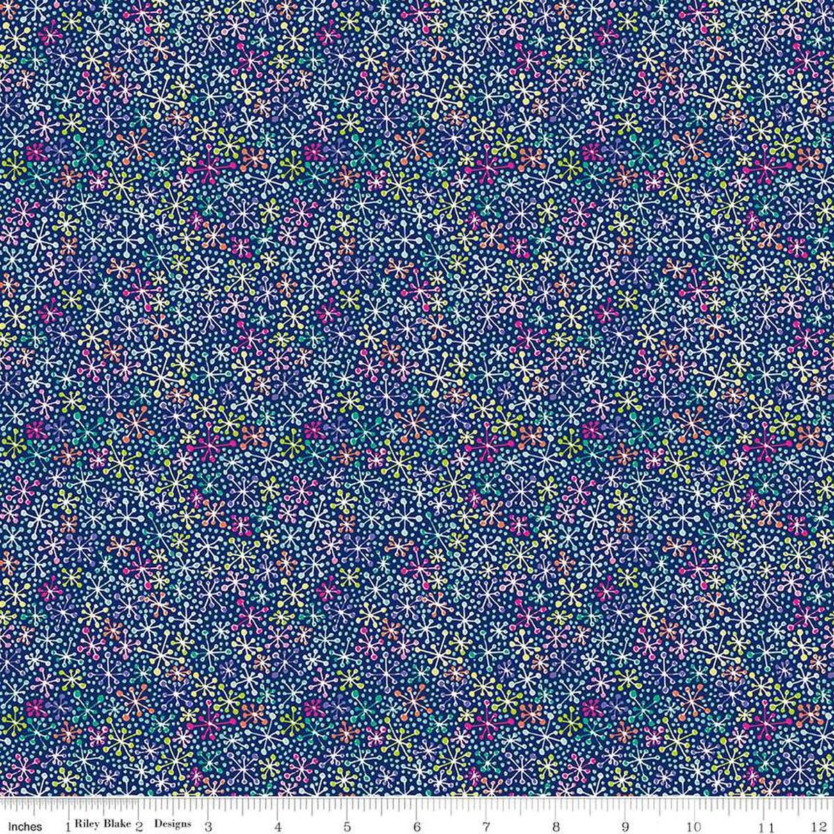 Image of the Vibrance Jacks Twilight quilting cotton fabric by Leslie Ryan for Riley Blake Designs. Features jacks on a blue background. Cute Little Fabric Shop