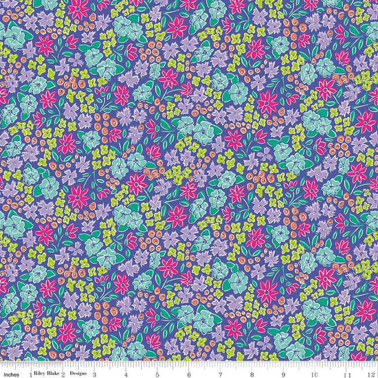 Image of the Vibrance Main Periwinkle quilting cotton fabric by Leslie Ryan for Riley Blake Designs. Features flowers on a purple background. Cute Little Fabric Shop