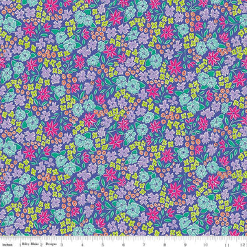 Image of the Vibrance Main Periwinkle quilting cotton fabric by Leslie Ryan for Riley Blake Designs. Features flowers on a purple background. Cute Little Fabric Shop