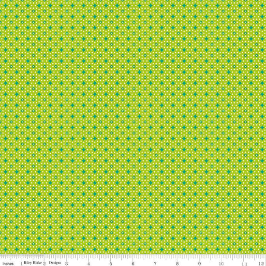 Image of the Vibrance Junctions Lime quilting cotton fabric by Leslie Ryan for Riley Blake Designs. Features shapes on a green background. Cute Little Fabric Shop