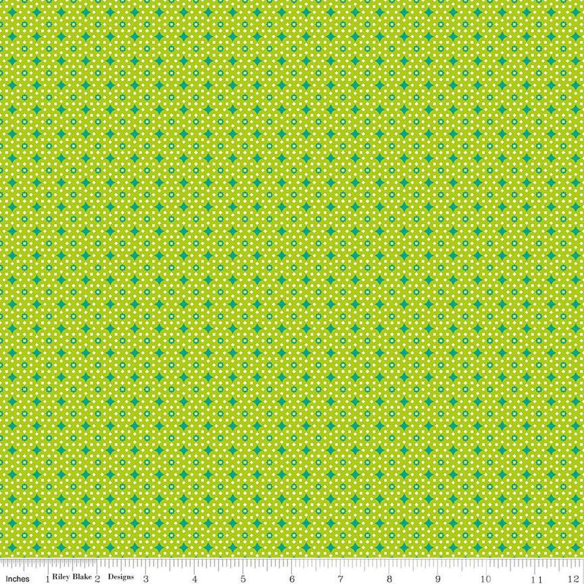 Image of the Vibrance Junctions Lime quilting cotton fabric by Leslie Ryan for Riley Blake Designs. Features shapes on a green background. Cute Little Fabric Shop