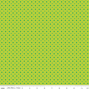 Image of the Vibrance Junctions Lime quilting cotton fabric by Leslie Ryan for Riley Blake Designs. Features shapes on a green background. Cute Little Fabric Shop