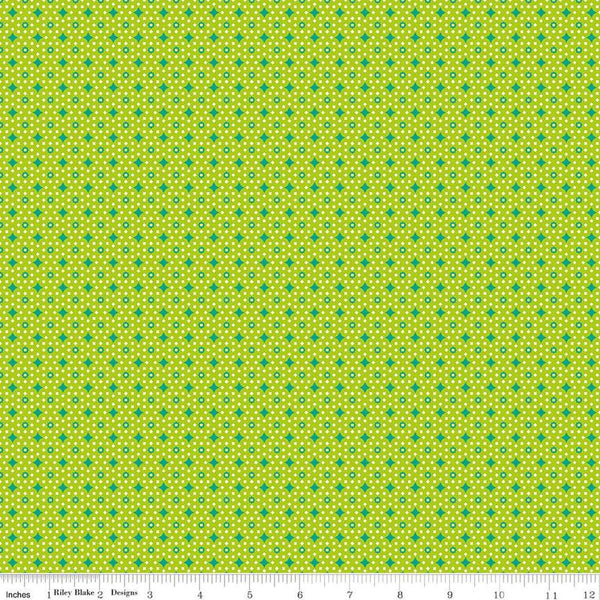 Image of the Vibrance Junctions Lime quilting cotton fabric by Leslie Ryan for Riley Blake Designs. Features shapes on a green background. Cute Little Fabric Shop