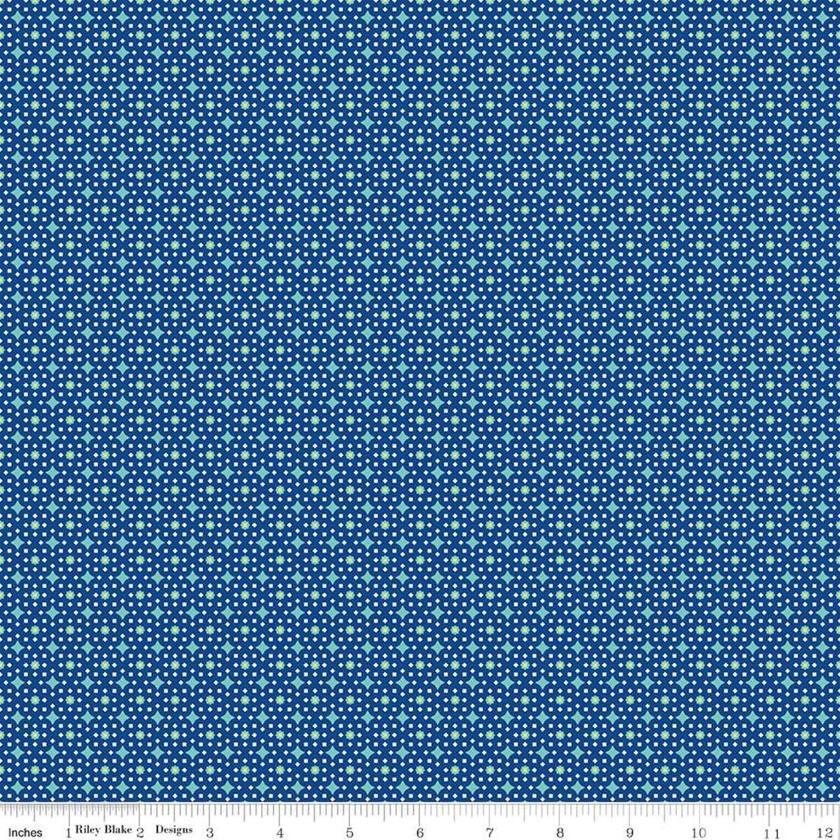 Image of the Vibrance Junctions Denim quilting cotton fabric by Leslie Ryan for Riley Blake Designs. Features shapes on a blue background. Cute Little Fabric Shop