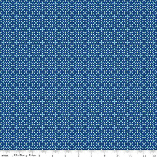 Image of the Vibrance Junctions Denim quilting cotton fabric by Leslie Ryan for Riley Blake Designs. Features shapes on a blue background. Cute Little Fabric Shop