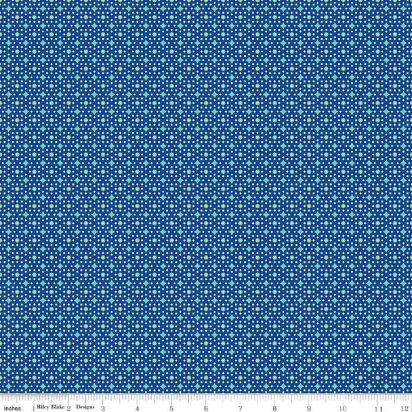 Image of the Vibrance Junctions Denim quilting cotton fabric by Leslie Ryan for Riley Blake Designs. Features shapes on a blue background. Cute Little Fabric Shop