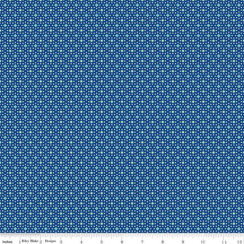 Image of the Vibrance Junctions Denim quilting cotton fabric by Leslie Ryan for Riley Blake Designs. Features shapes on a blue background. Cute Little Fabric Shop