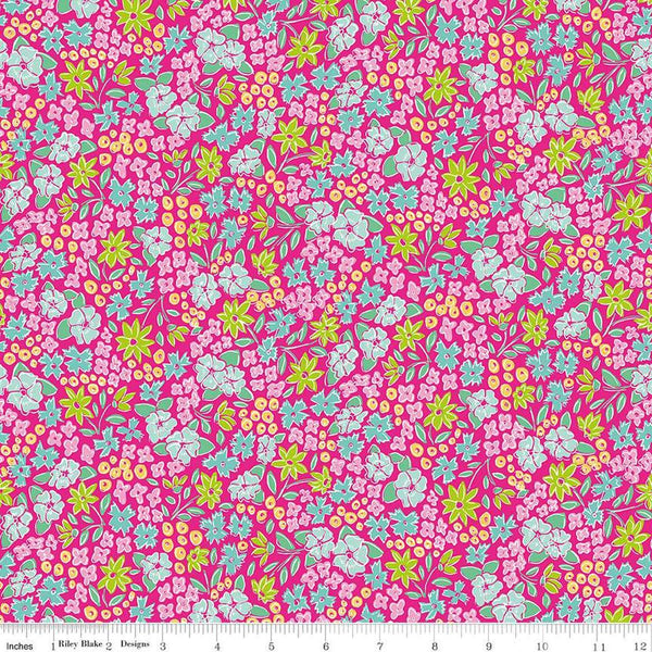 Image of the Vibrance Main Super Pink quilting cotton fabric by Leslie Ryan for Riley Blake Designs. Features flowers on a pink background. Cute Little Fabric Shop