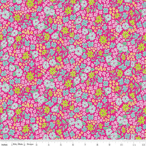Image of the Vibrance Main Super Pink quilting cotton fabric by Leslie Ryan for Riley Blake Designs. Features flowers on a pink background. Cute Little Fabric Shop