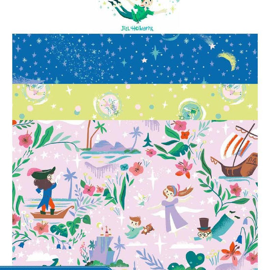 Image of the Forever Neverland Storyboard by Jill Howarth for Riley Blake Designs. Features peter pan themed fabrics. 
Cute Little Fabric Shop