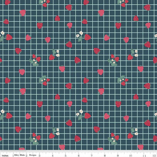 Image of the Berry Market Gingham Berries Stargazer quilting cotton fabric by Beverly McCullough for Riley Blake Designs. Features flowers on a blue background. Cute Little Fabric Shop