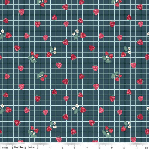 Image of the Berry Market Gingham Berries Stargazer quilting cotton fabric by Beverly McCullough for Riley Blake Designs. Features flowers on a blue background. Cute Little Fabric Shop
