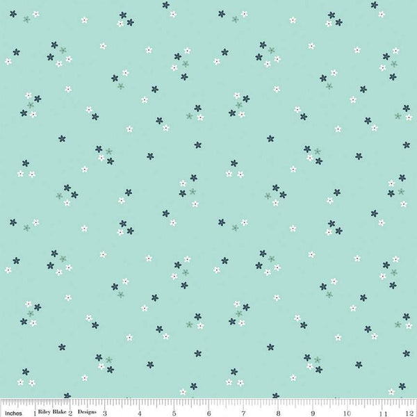 Image of the Berry Market Flowers Songbird quilting cotton fabric by Beverly McCullough for Riley Blake Designs. Features flowers on a blue background. Cute Little Fabric Shop