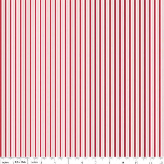 Image of the Berry Market Stripes Frosting quilting cotton fabric by Beverly McCullough for Riley Blake Designs. Features lines on a pink background. Cute Little Fabric Shop