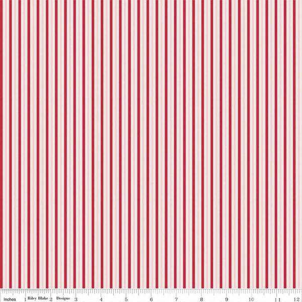 Image of the Berry Market Stripes Frosting quilting cotton fabric by Beverly McCullough for Riley Blake Designs. Features lines on a pink background. Cute Little Fabric Shop