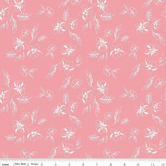 Image of the Berry Market Sketches Peony quilting cotton fabric by Beverly McCullough for Riley Blake Designs. Features flowers on a pink background. Cute Little Fabric Shop
