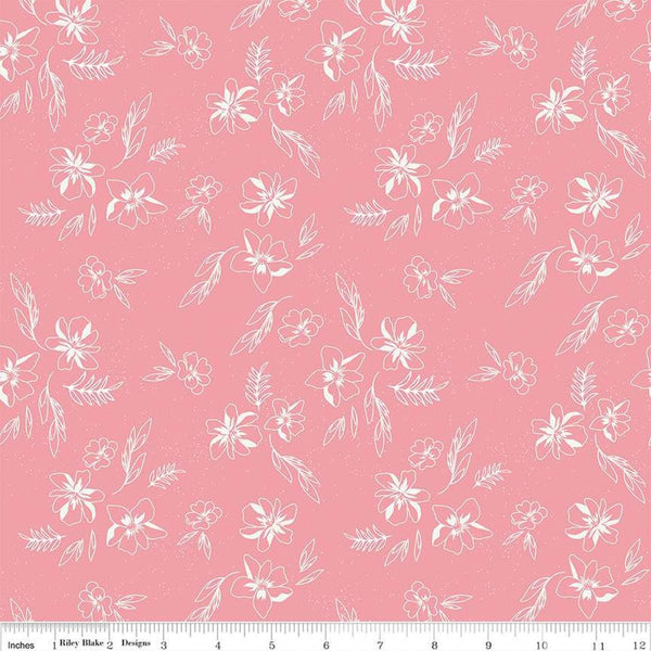 Image of the Berry Market Sketches Peony quilting cotton fabric by Beverly McCullough for Riley Blake Designs. Features flowers on a pink background. Cute Little Fabric Shop