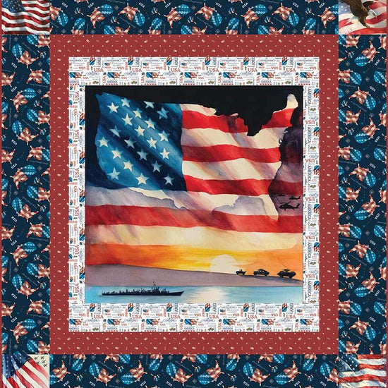 Image of the Letters From Home Panel Quilt Boxed Kit by Riley Blake Designs. Features patriotic themed fabrics for a quilt. 
Cute Little Fabric Shop