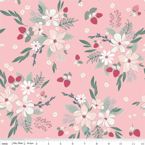 Image of the Berry Market Main Frosting quilting cotton fabric by Beverly McCullough for Riley Blake Designs. Features flowers on a pink background. Cute Little Fabric Shop