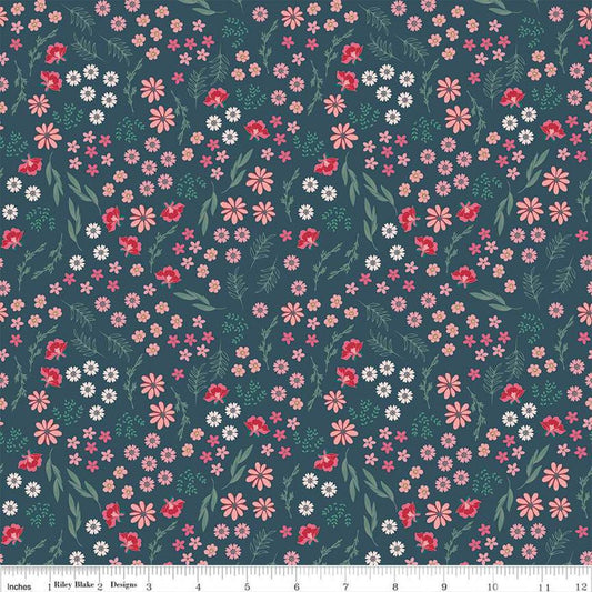 Image of the Berry Market Bouquets Stargazer quilting cotton fabric by Beverly McCullough for Riley Blake Designs. Features flowers on a blue background. Cute Little Fabric Shop
