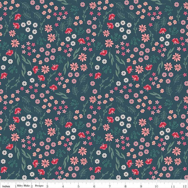 Image of the Berry Market Bouquets Stargazer quilting cotton fabric by Beverly McCullough for Riley Blake Designs. Features flowers on a blue background. Cute Little Fabric Shop