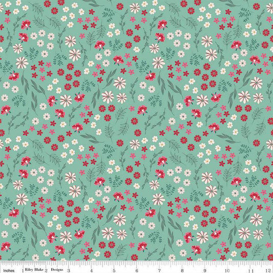 Image of the Berry Market Bouquets Scrubs quilting cotton fabric by Beverly McCullough for Riley Blake Designs. Features flowers on a green background. Cute Little Fabric Shop
