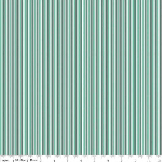 Image of the Berry Market Stripes Sea Glass quilting cotton fabric by Beverly McCullough for Riley Blake Designs. Features lines on a green background. Cute Little Fabric Shop