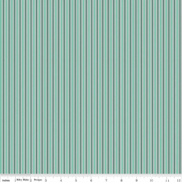 Image of the Berry Market Stripes Sea Glass quilting cotton fabric by Beverly McCullough for Riley Blake Designs. Features lines on a green background. Cute Little Fabric Shop