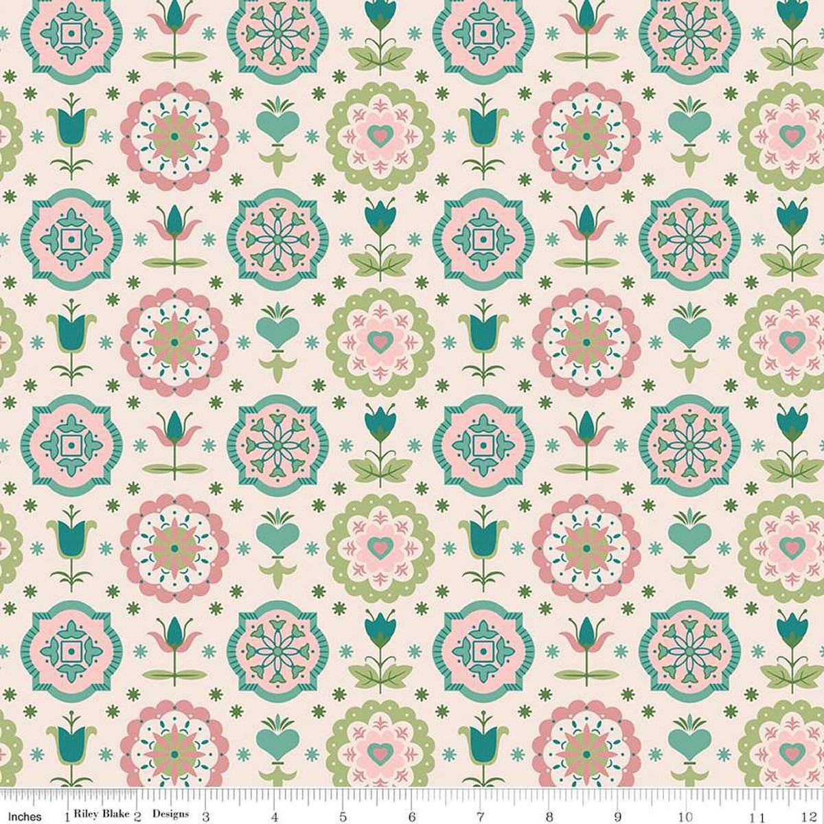Image of the Piece & Plenty Spring Charm Lagoon wide back quilting cotton fabric by Lori Holt for Riley Blake Designs. Features floral fabrics on a cream background. 
Cute Little Fabric Shop