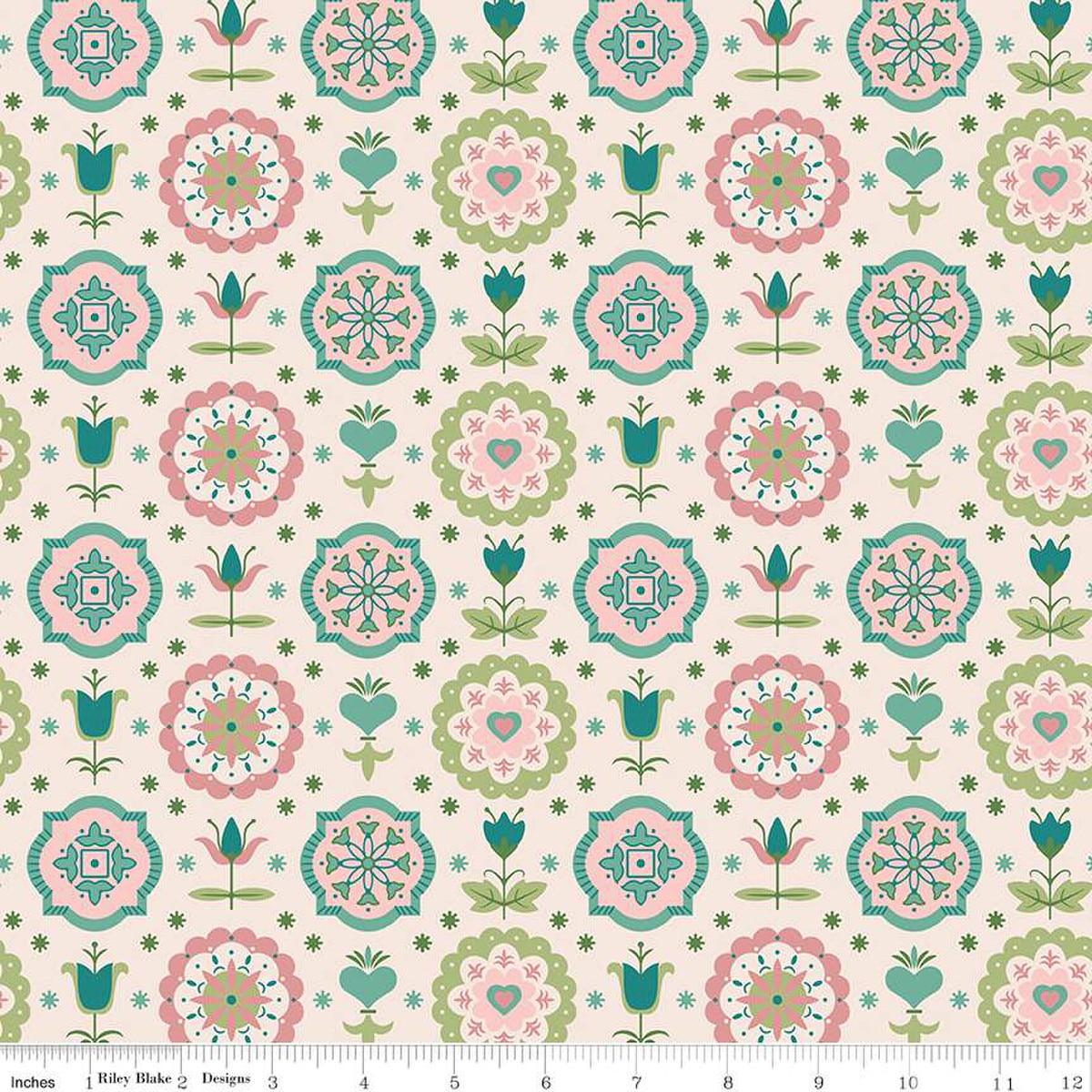 Image of the Piece & Plenty Spring Charm Lagoon wide back quilting cotton fabric by Lori Holt for Riley Blake Designs. Features floral fabrics on a cream background. 
Cute Little Fabric Shop