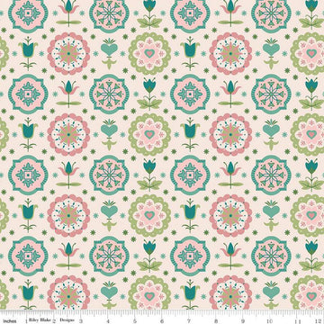 Image of the Piece & Plenty Spring Charm Lagoon wide back quilting cotton fabric by Lori Holt for Riley Blake Designs. Features floral fabrics on a cream background. 
Cute Little Fabric Shop
