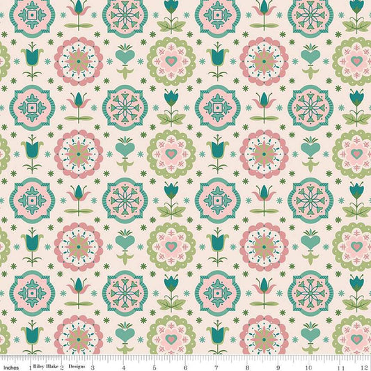 Image of the Piece & Plenty Spring Charm Lagoon wide back quilting cotton fabric by Lori Holt for Riley Blake Designs. Features floral fabrics on a cream background. 
Cute Little Fabric Shop