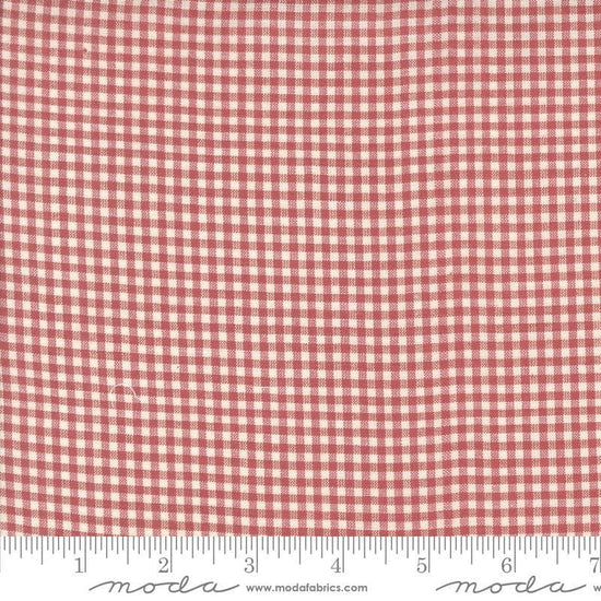 Image of the Woven Ginghams Garance Pearl quilting cotton fabric by French General for Moda Fabrics. Features printed gingham on a pink background. 
Cute Little Fabric Shop