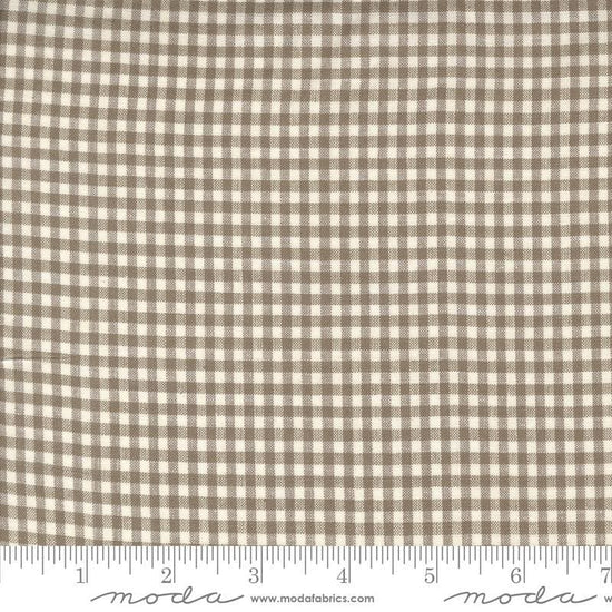 Image of the Woven Ginghams Stone Pearl quilting cotton fabric by French General for Moda Fabrics. Features printed gingham on a beige background. 
Cute Little Fabric Shop
