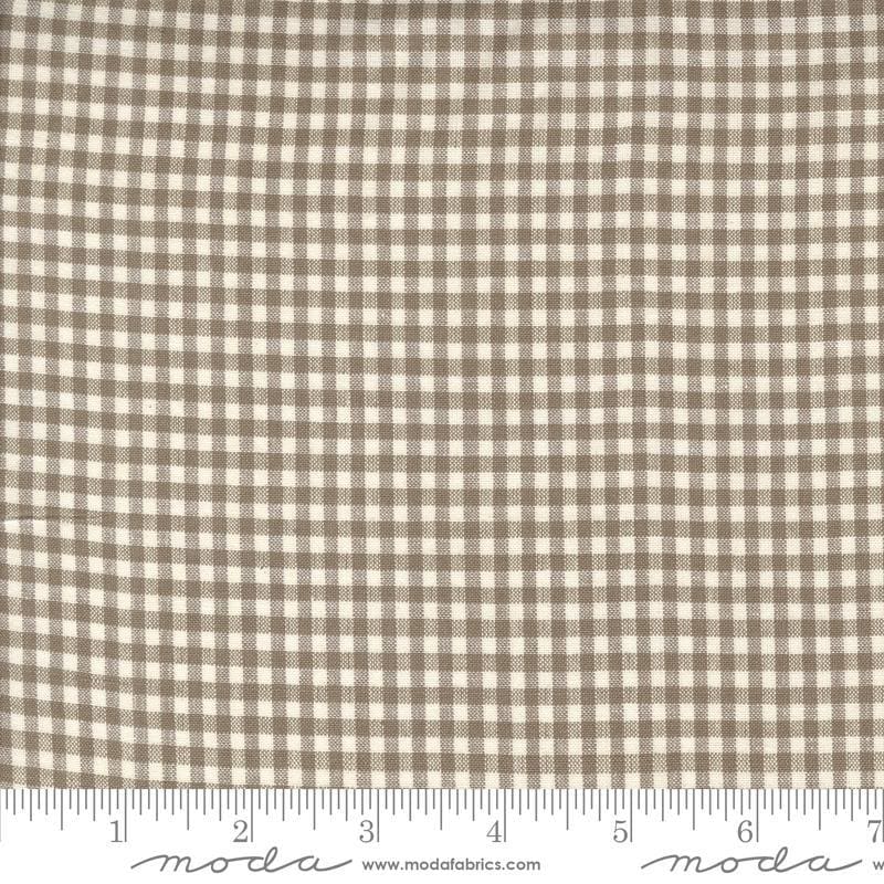 Image of the Woven Ginghams Stone Pearl quilting cotton fabric by French General for Moda Fabrics. Features printed gingham on a beige background. 
Cute Little Fabric Shop