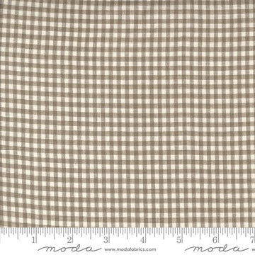 Image of the Woven Ginghams Stone Pearl quilting cotton fabric by French General for Moda Fabrics. Features printed gingham on a beige background. 
Cute Little Fabric Shop