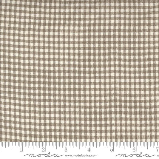 Image of the Woven Ginghams Stone Pearl quilting cotton fabric by French General for Moda Fabrics. Features printed gingham on a beige background. 
Cute Little Fabric Shop