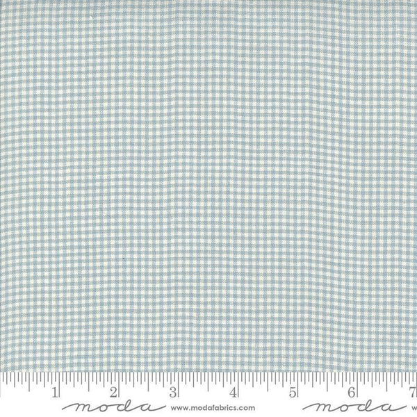 Image of the Woven Ginghams Blue Pearl quilting cotton fabric by French General for Moda Fabrics. Features printed gingham on a blue background. 
Cute Little Fabric Shop