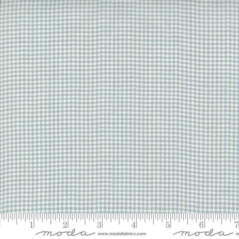 Image of the Woven Ginghams Blue Pearl quilting cotton fabric by French General for Moda Fabrics. Features printed gingham on a blue background. 
Cute Little Fabric Shop