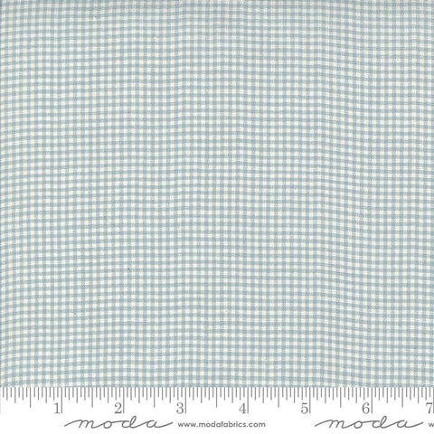 Image of the Woven Ginghams Blue Pearl quilting cotton fabric by French General for Moda Fabrics. Features printed gingham on a blue background. 
Cute Little Fabric Shop