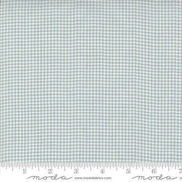Image of the Woven Ginghams Blue Pearl quilting cotton fabric by French General for Moda Fabrics. Features printed gingham on a blue background. 
Cute Little Fabric Shop