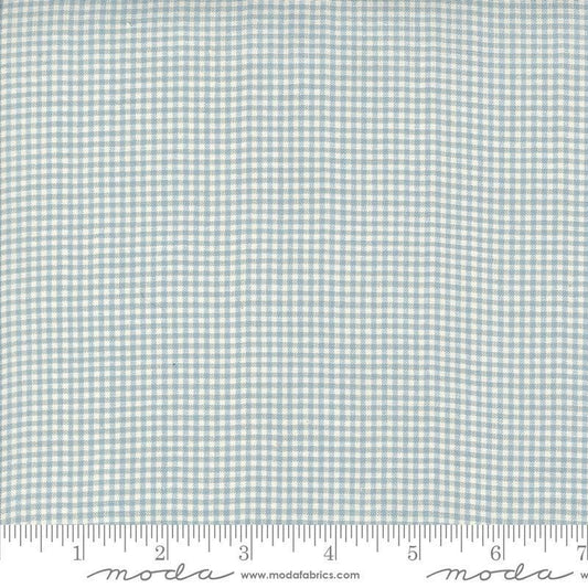 Image of the Woven Ginghams Blue Pearl quilting cotton fabric by French General for Moda Fabrics. Features printed gingham on a blue background. 
Cute Little Fabric Shop