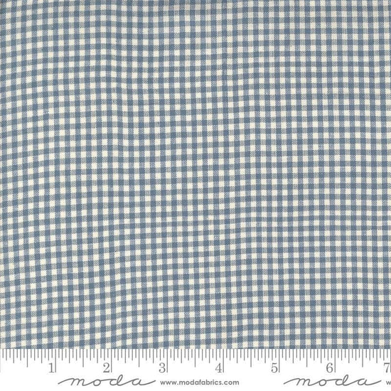 Image of the Woven Ginghams Woad Pearl quilting cotton fabric by French General for Moda Fabrics. Features printed gingham on a blue background. 
Cute Little Fabric Shop