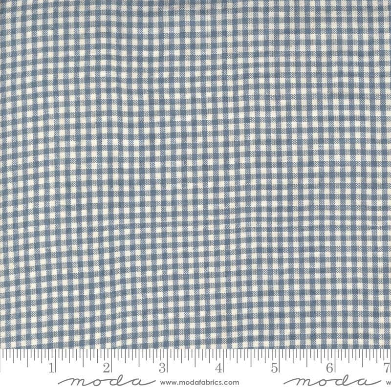 Image of the Woven Ginghams Woad Pearl quilting cotton fabric by French General for Moda Fabrics. Features printed gingham on a blue background. 
Cute Little Fabric Shop