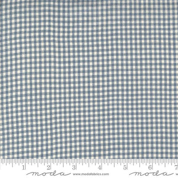 Image of the Woven Ginghams Woad Pearl quilting cotton fabric by French General for Moda Fabrics. Features printed gingham on a blue background. 
Cute Little Fabric Shop