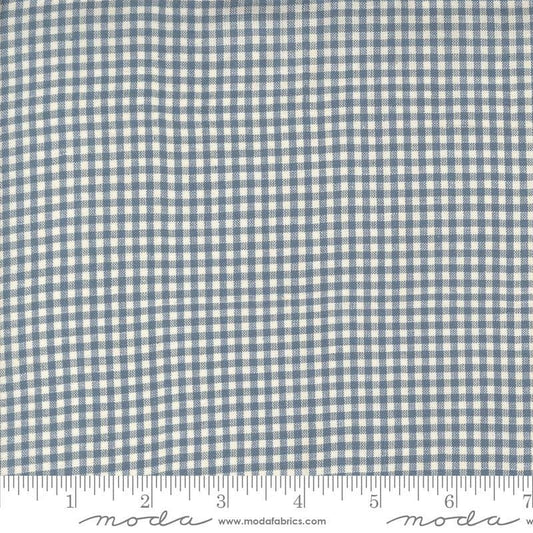 Image of the Woven Ginghams Woad Pearl quilting cotton fabric by French General for Moda Fabrics. Features printed gingham on a blue background. 
Cute Little Fabric Shop