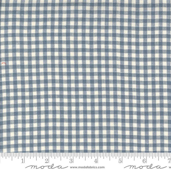 Image of the Woven Ginghams Woad Pearl quilting cotton fabric by French General for Moda Fabrics. Features printed gingham on a blue background. 
Cute Little Fabric Shop